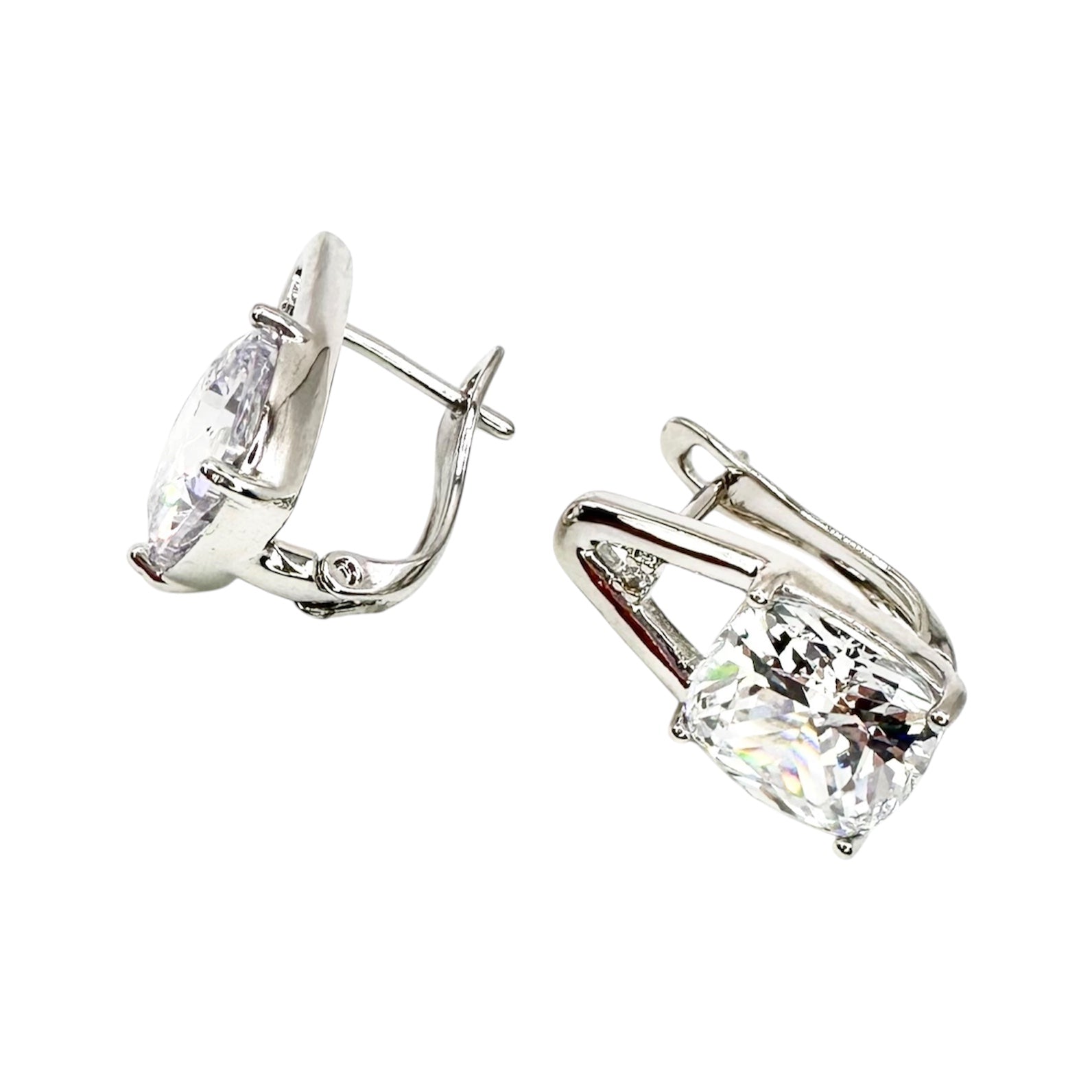 Waterproof Sterling Silver Cushion-Cut Zirconia 9mm 4-Prong Setting Curved Leverback Zirconia Accent
