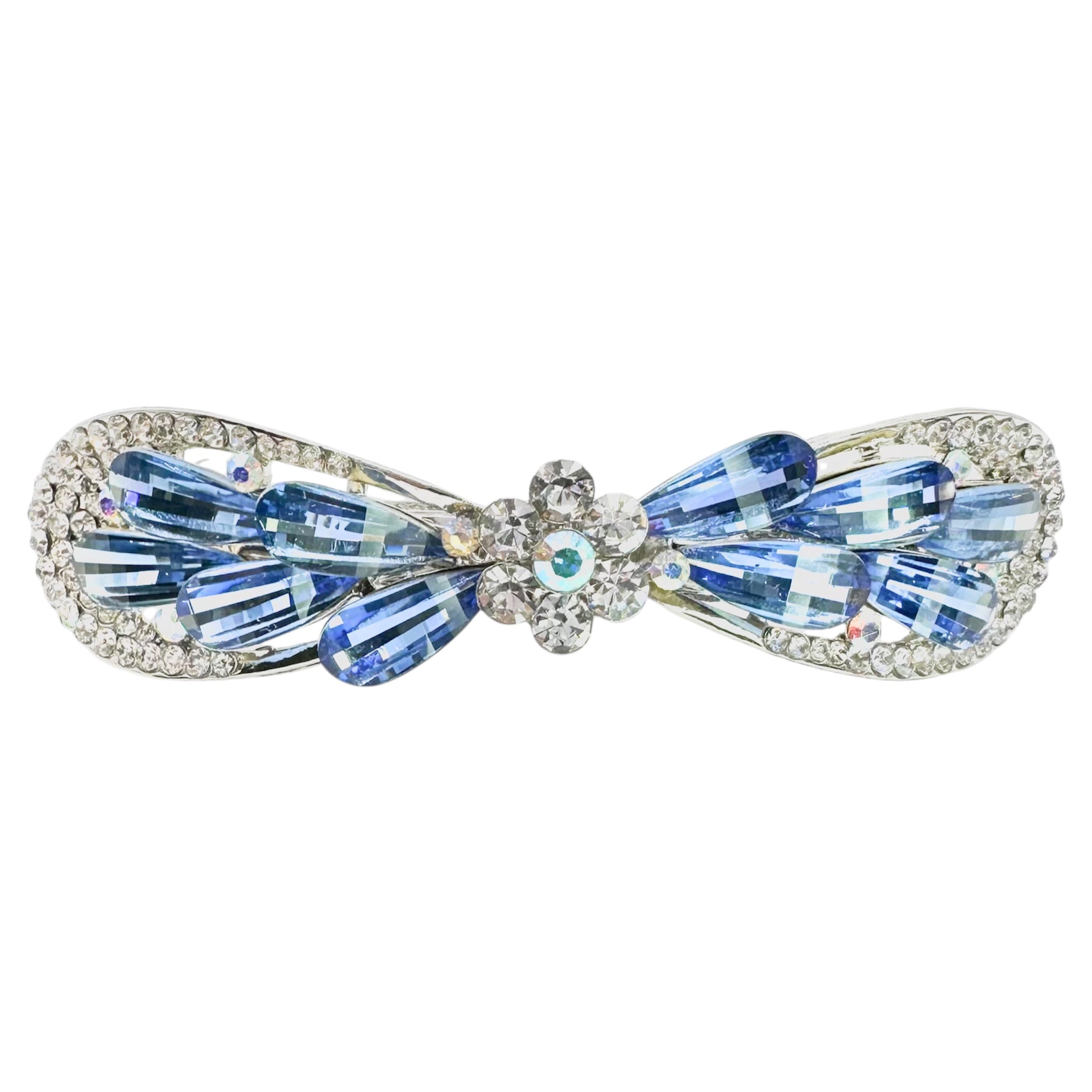 Automatikhaarspange Schleife Silber Saphir Tropfen Kristall Blume Strass