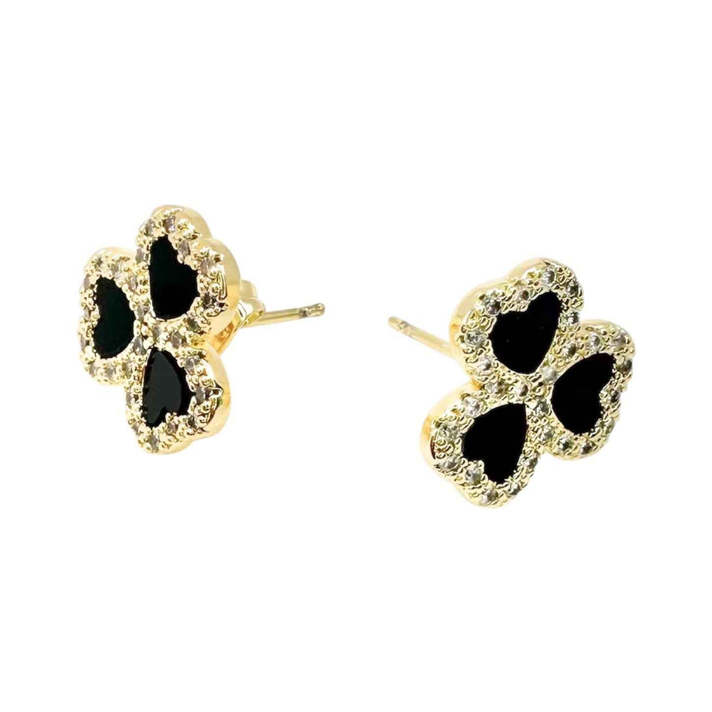 Wasserdichte Zirkonia Pavé Kleeblatt-Herzen Ohrstecker, schwarz-goldfarben