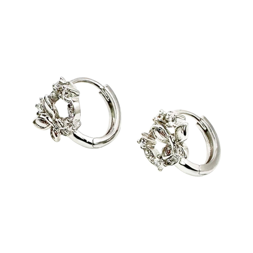 Waterproof Huggie Hoop Earrings Silver Zirconia Wreath Butterfly Blossom Charm Marquise Accents