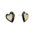 Waterproof Stud Earrings Heart Black Ceramic Yellow Gold Crystal Pavé