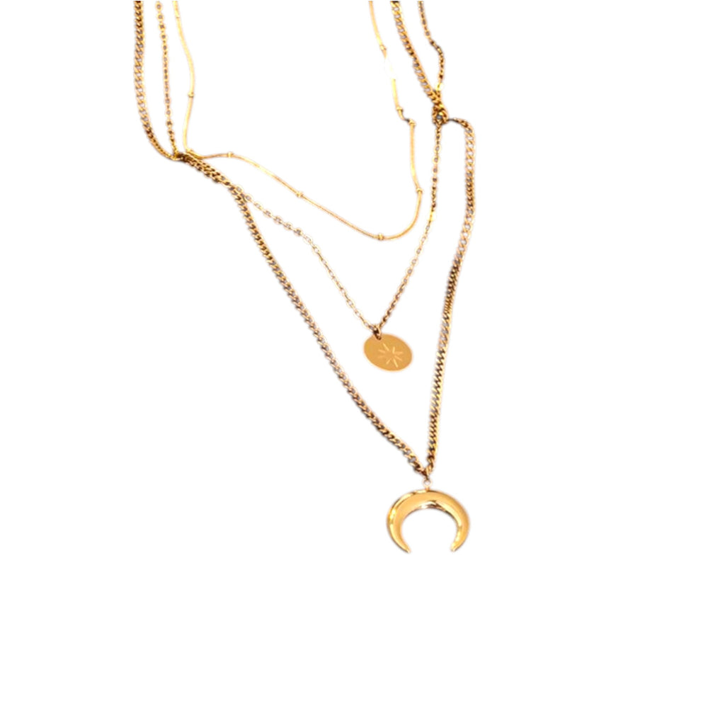 Wasserdichte dreireihige Halskette mit Mond und Plättchen Gold