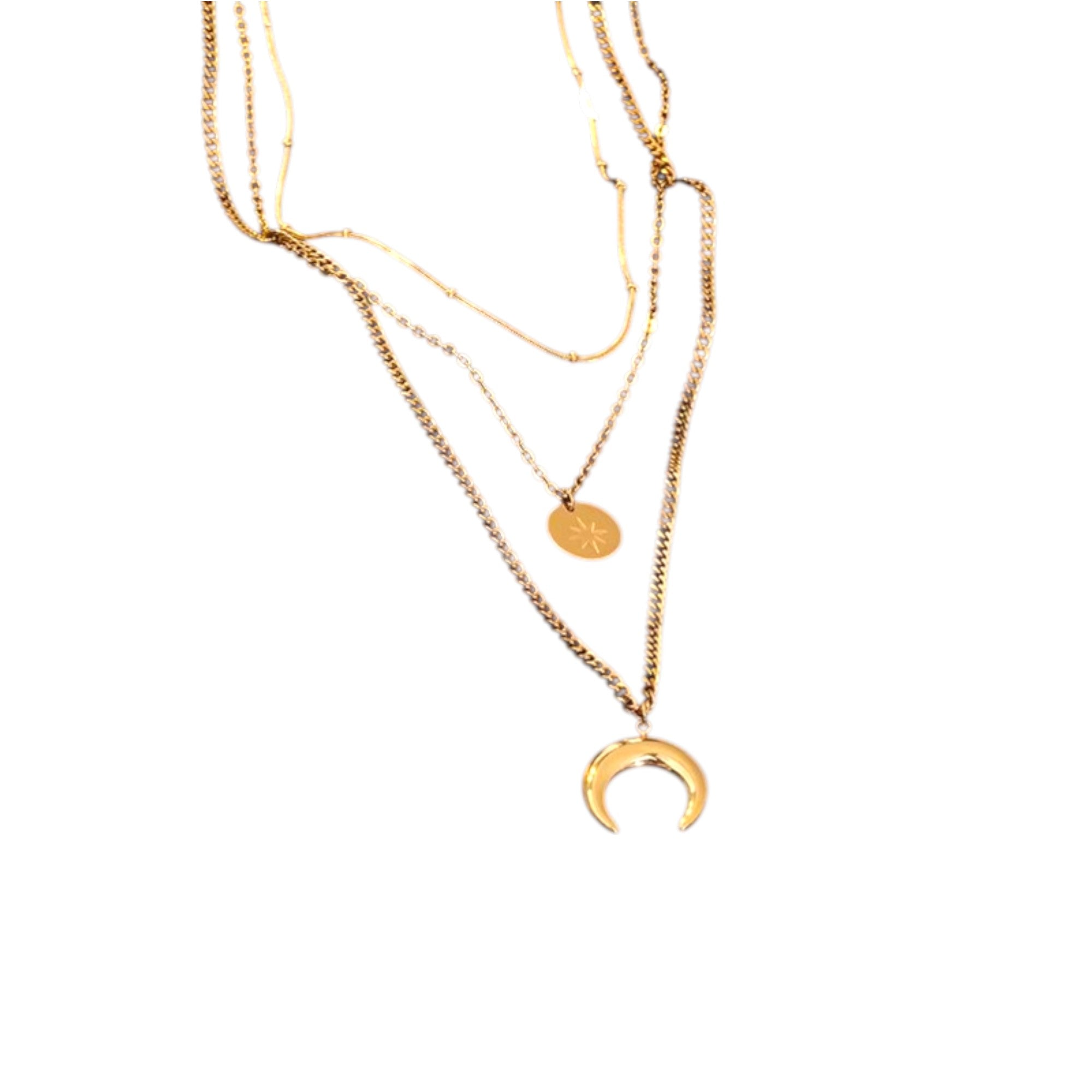 Wasserdichte dreireihige Halskette mit Mond und Plättchen Gold