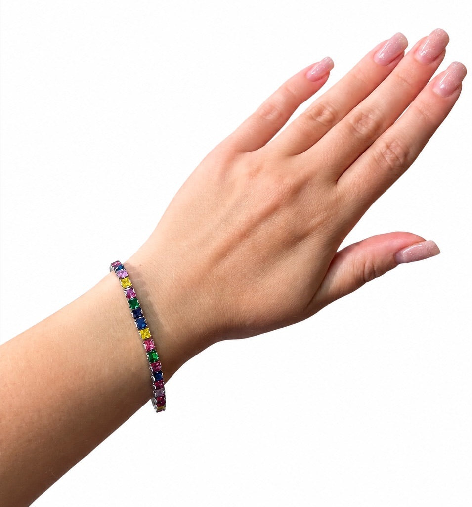 Wasserdichtes Buntes Zirkonia Tennis-Armband, mehrfarbig, silberfarben