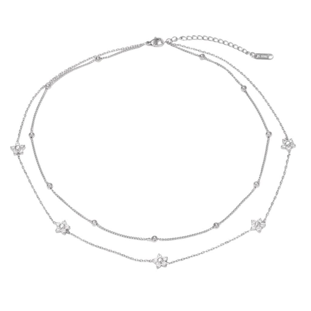Waterproof Double Chain with Flowers and Zirconia Gold Color 43cm