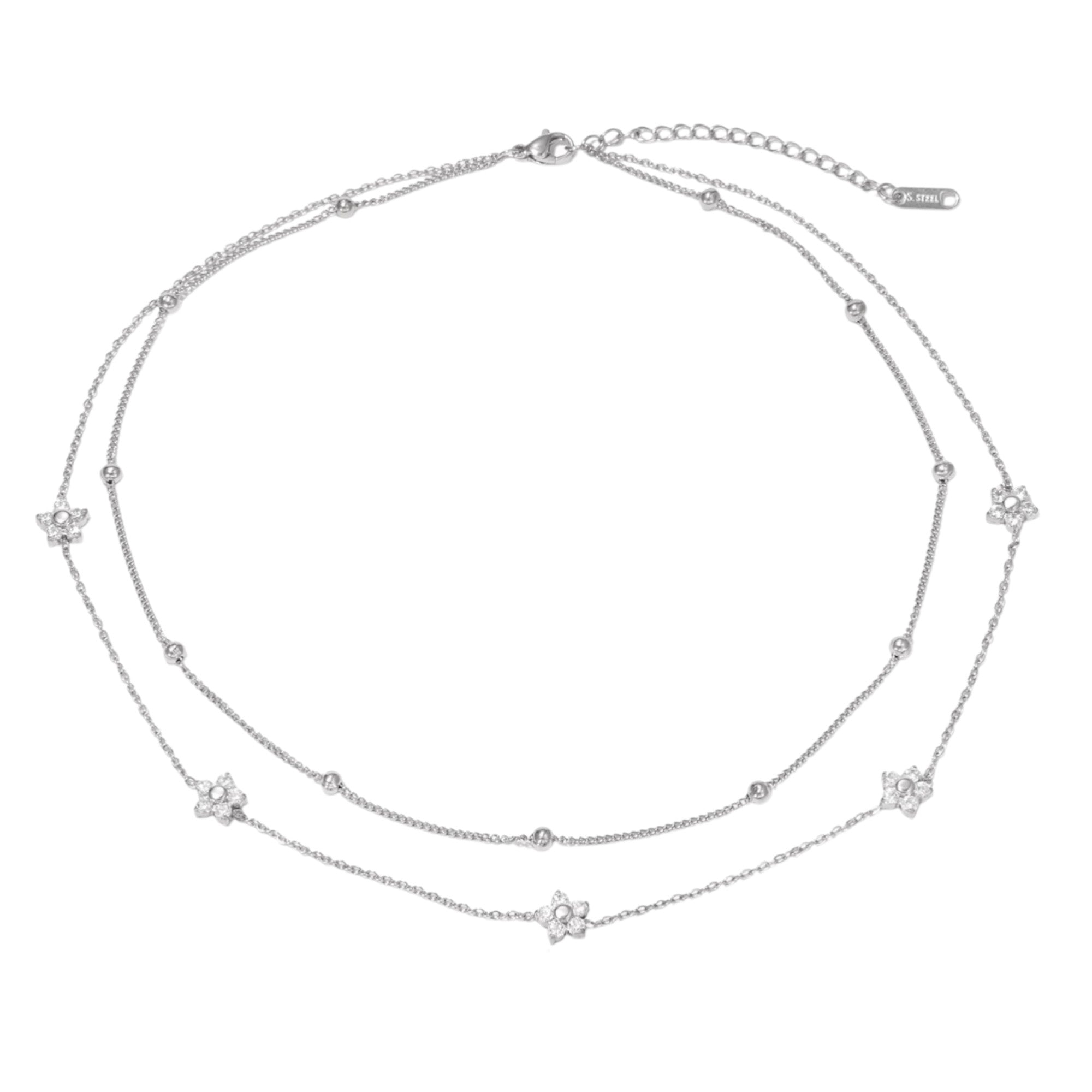 Waterproof Double Chain with Flowers and Zirconia Gold Color 43cm