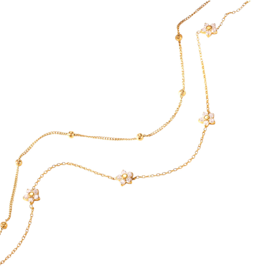Waterproof Double Chain with Flowers and Zirconia Gold Color 43cm