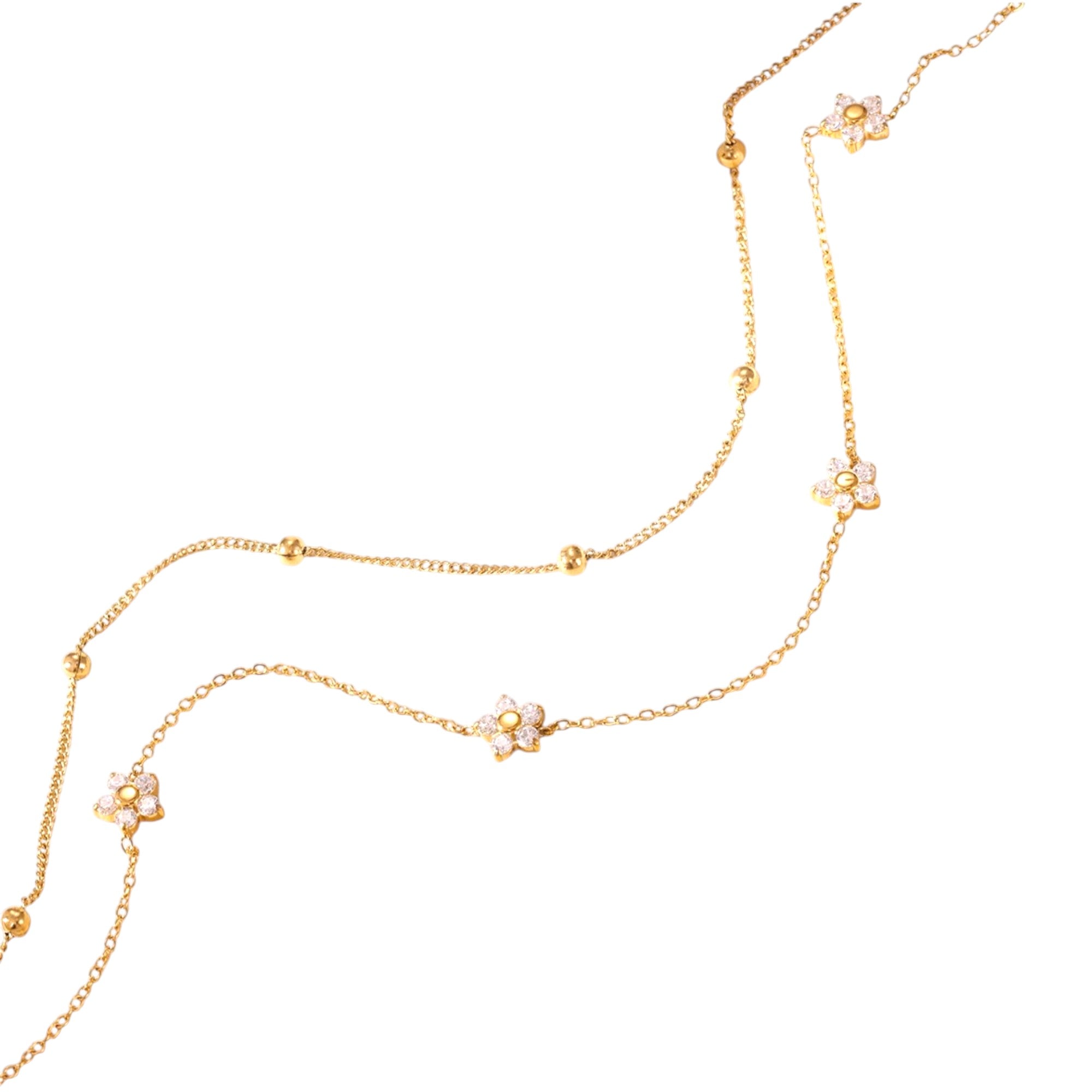 Waterproof Double Chain with Flowers and Zirconia Gold Color 43cm