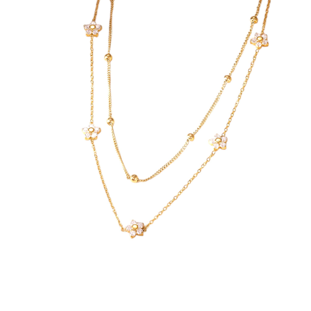 Waterproof Double Chain with Flowers and Zirconia Gold Color 43cm