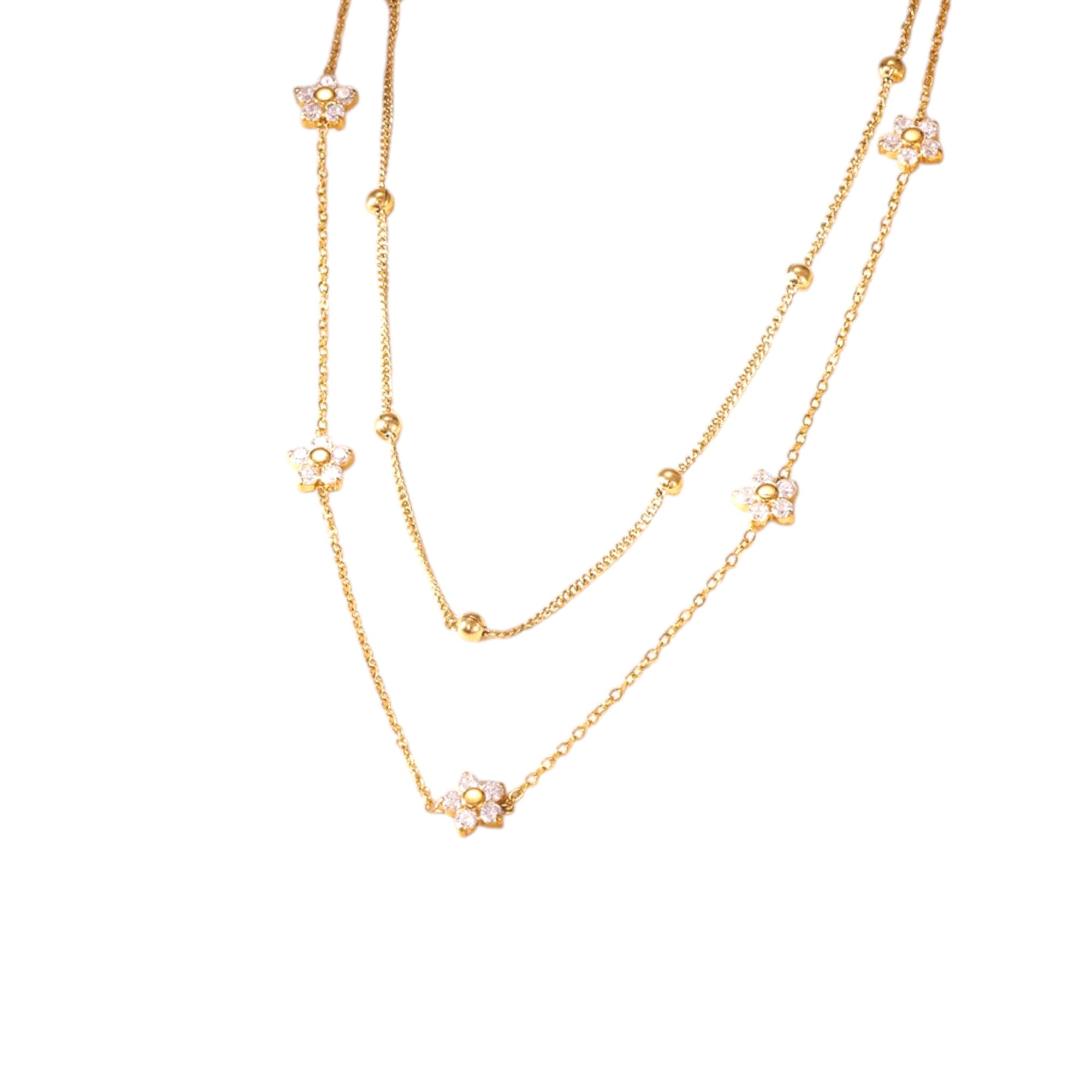 Waterproof Double Chain with Flowers and Zirconia Gold Color 43cm