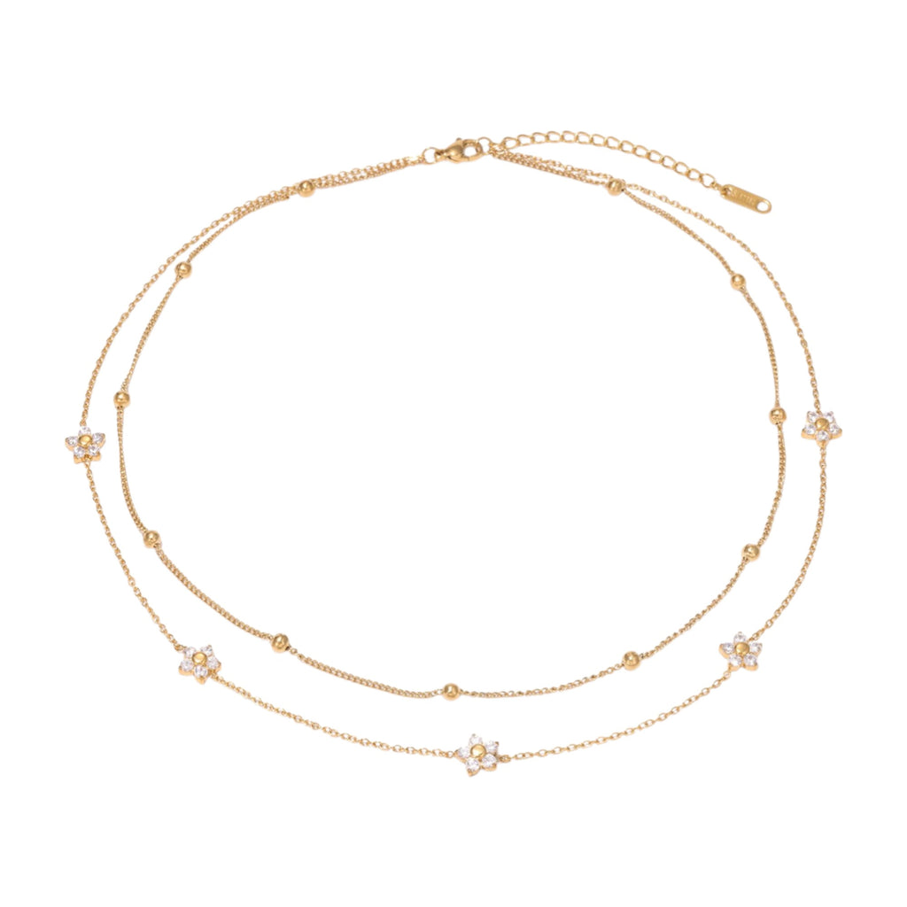 Waterproof Double Chain with Flowers and Zirconia Gold Color 43cm