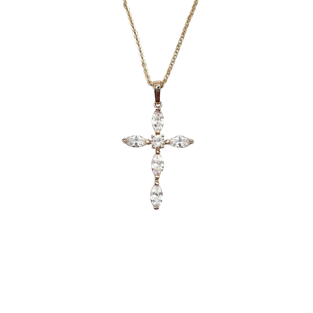 Wasserdichte Kreuz-Halskette mit Marquise-Zirkonia und rundem Zentrum Rosegold
