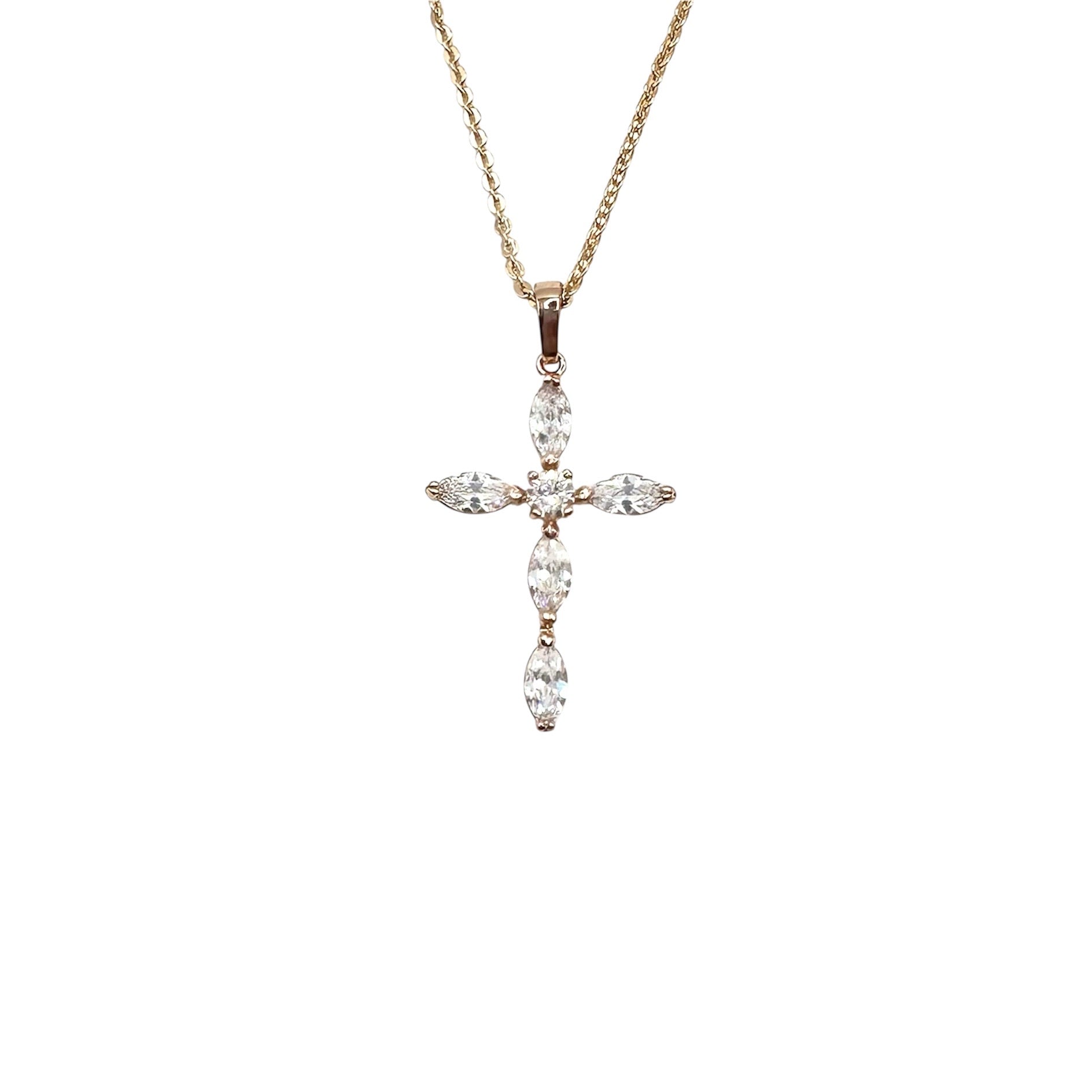 Wasserdichte Kreuz-Halskette mit Marquise-Zirkonia und rundem Zentrum Rosegold