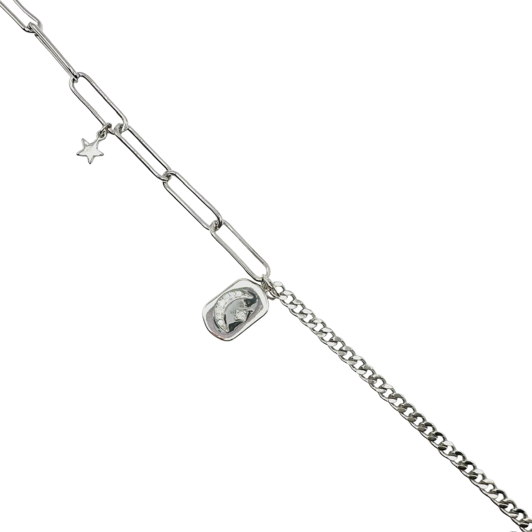 Wasserdichtes Half-Half Armband Mond Stern Medaillon Silber 18,5cm