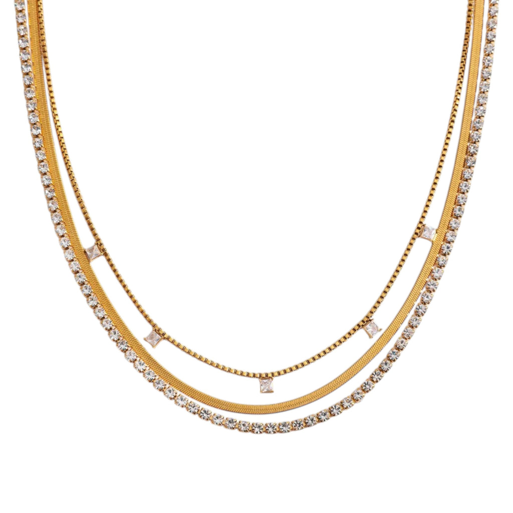 Waterproof Triple Layering Necklace with Zirconia Gold Color 39cm