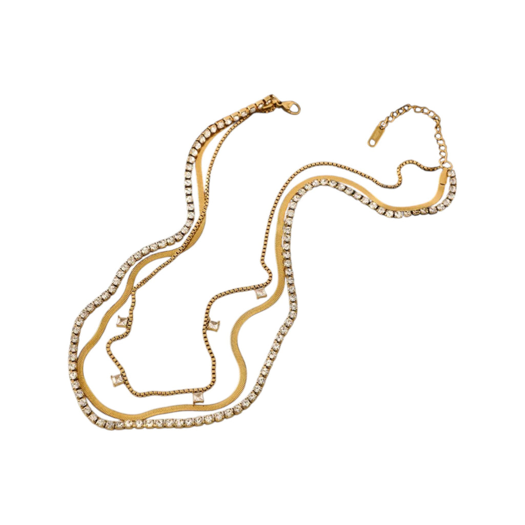 Waterproof Triple Layering Necklace with Zirconia Gold Color 39cm