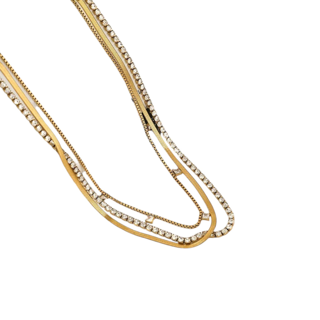 Waterproof Triple Layering Necklace with Zirconia Gold Color 39cm
