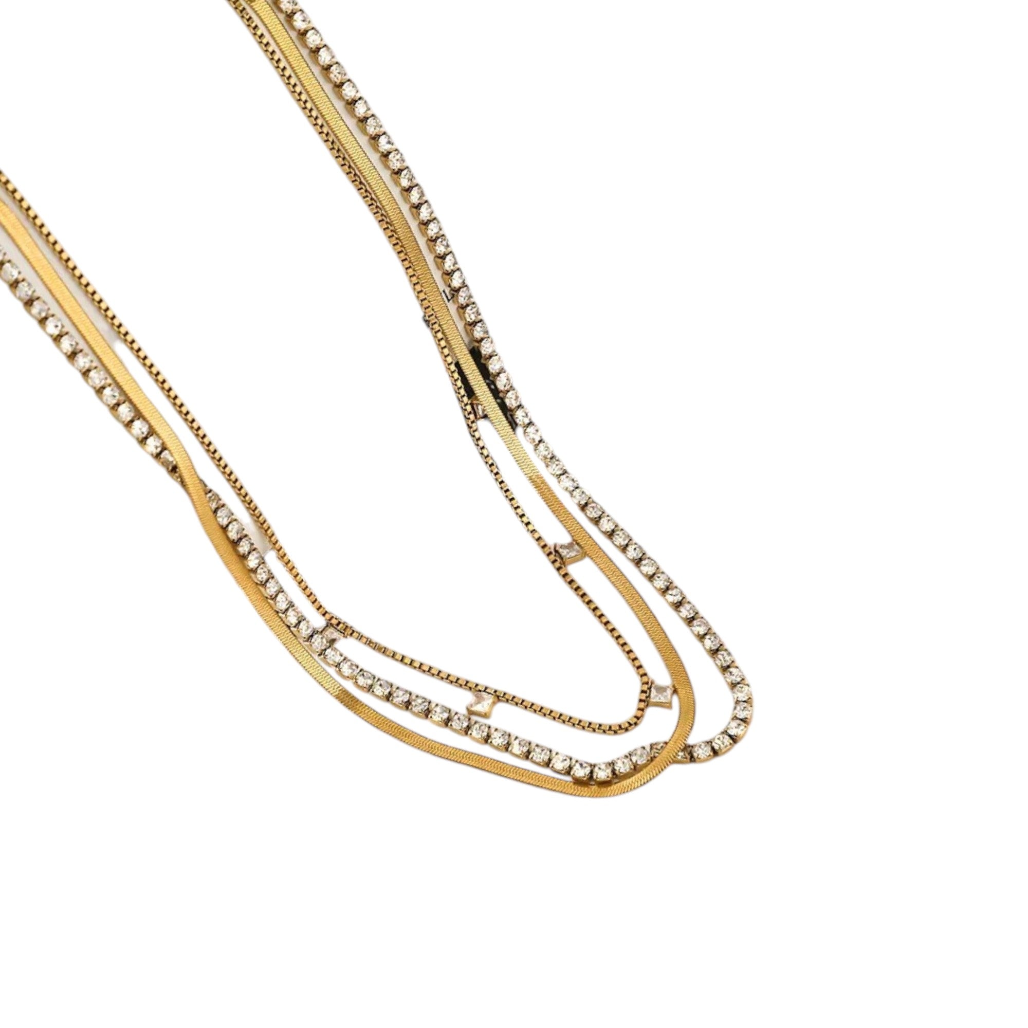 Waterproof Triple Layering Necklace with Zirconia Gold Color 39cm