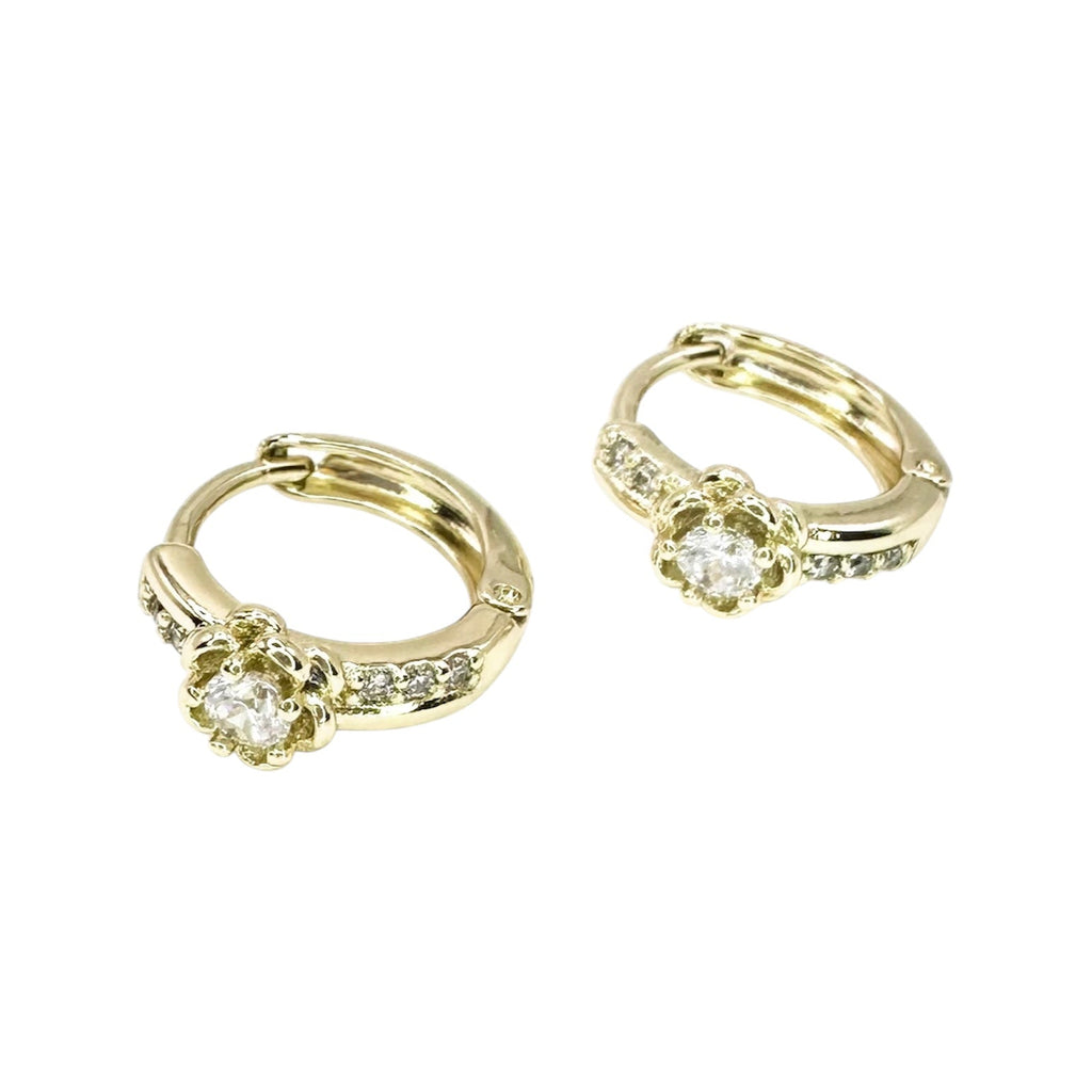 Waterproof Huggie Hoop Earrings Yellow Gold Flower Prong Setting Zirconia Pavé Hoop