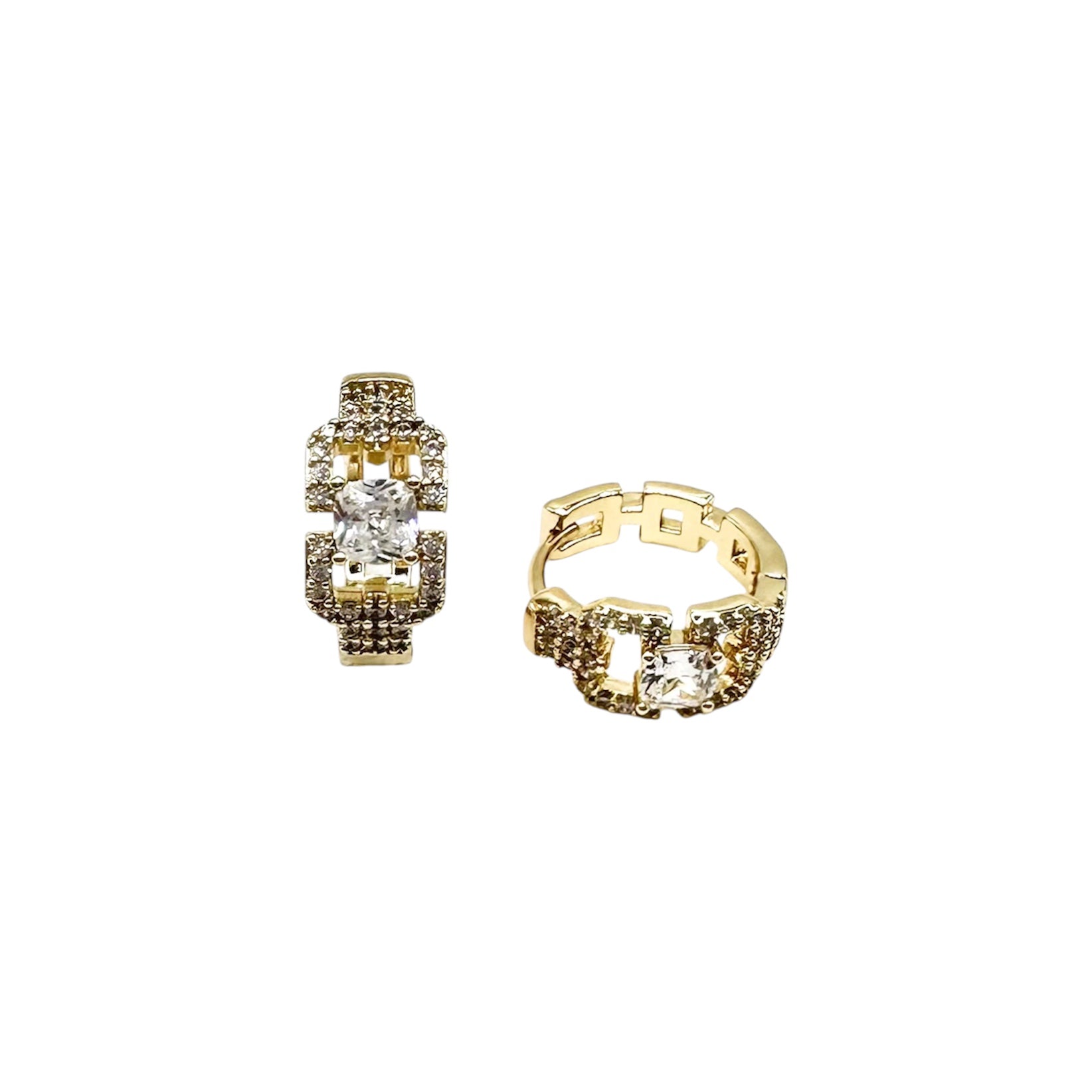 Wasserdichte Huggie Creolen Gelbgold Princess-Cut Zirkonia 4mm Gestufte Pavé-Rahmenfassung Mäander-Reif Art-Déco