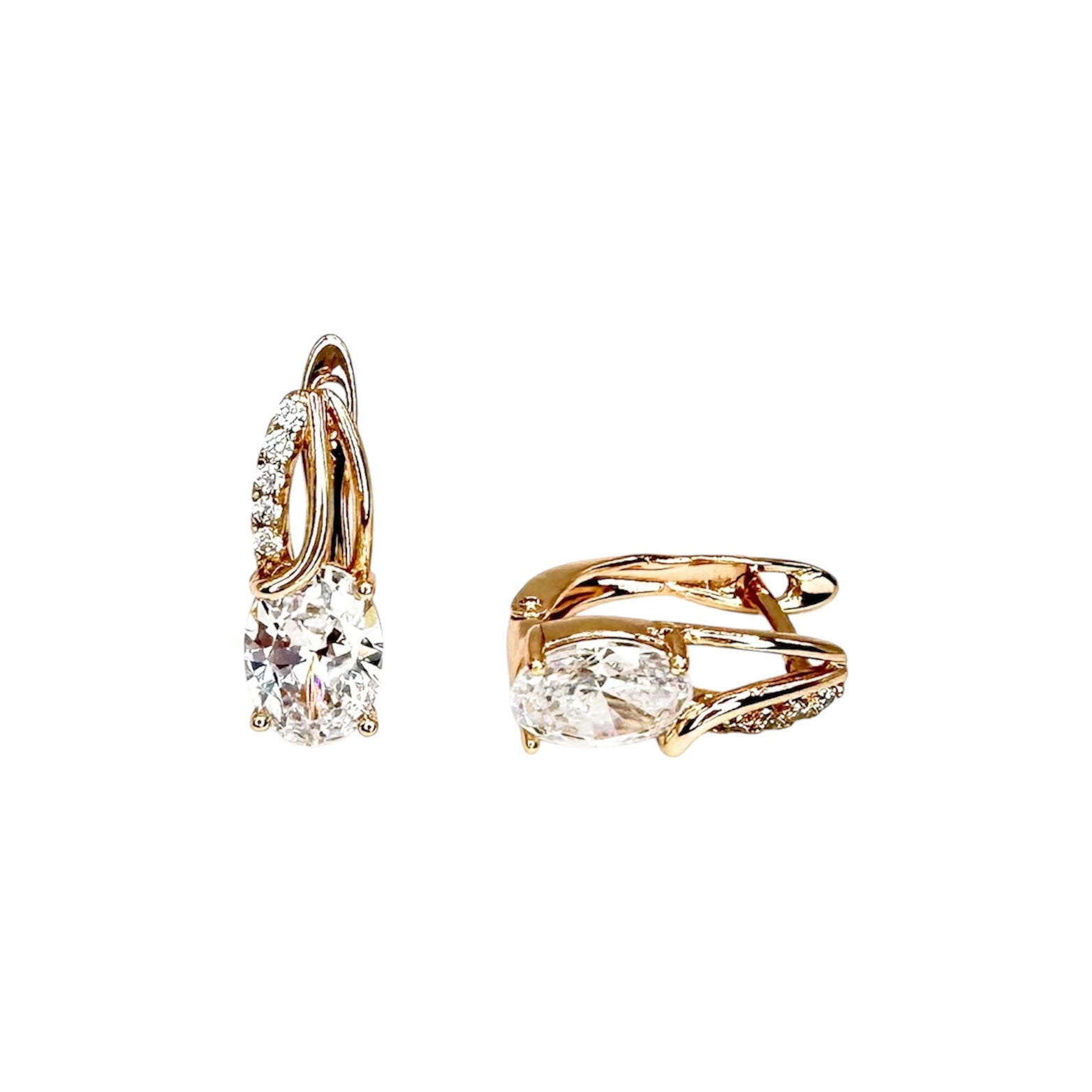 Waterproof Rose Gold Oval White Zirconia 8x6mm Curved Setting Earrings