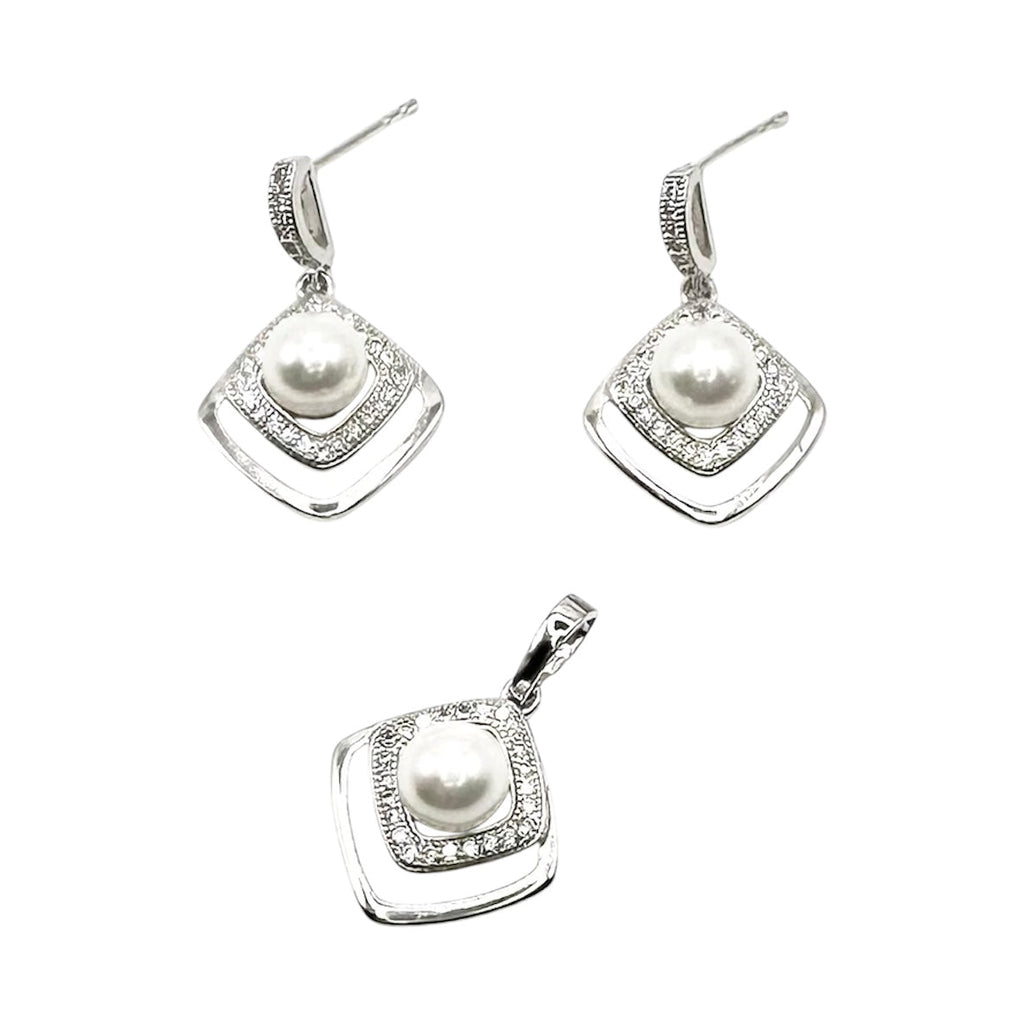 Wasserdichtes Schmuckset Silber Ohrringe Anhänger Weiße Perle 6mm Quadratisch Raute Kristallpavé Halo