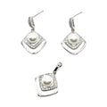 Wasserdichtes Schmuckset Silber Ohrringe Anhänger Weiße Perle 6mm Quadratisch Raute Kristallpavé Halo