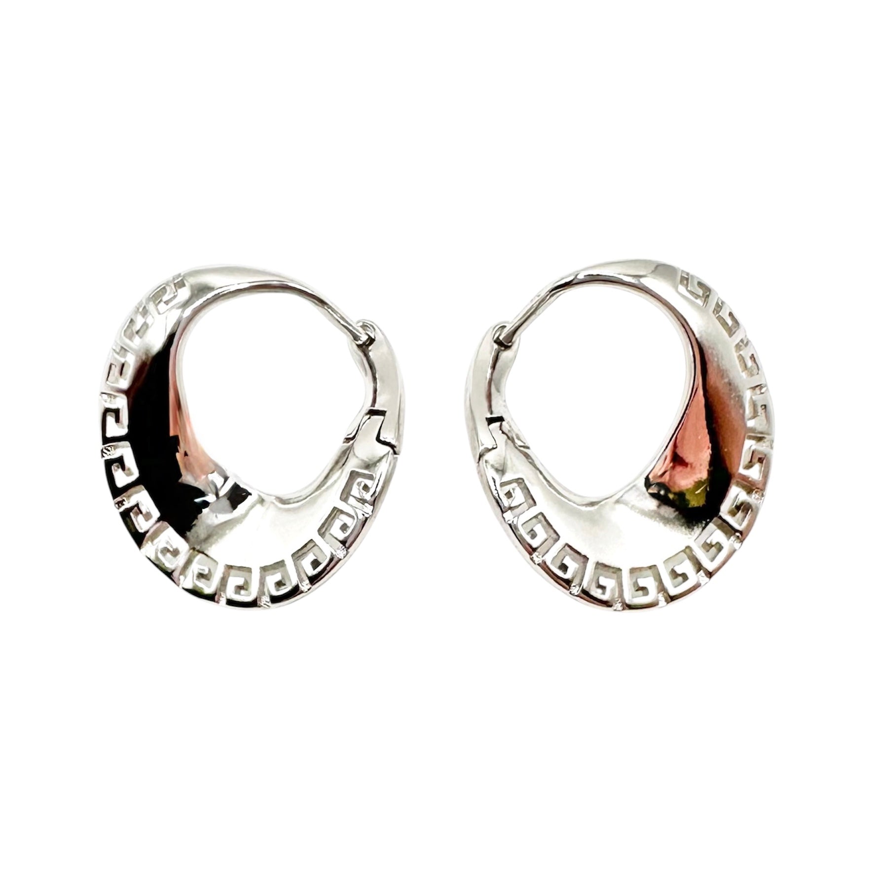 Wasserdichte Creolen Silber Oval Griechischer Mäander Muster Hochpoliert Gewölbt Chunky Klappverschluss 23x19mm