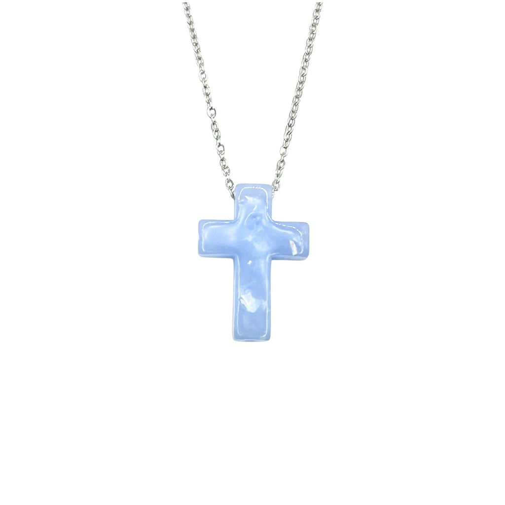Wasserdichte Kreuz-Halskette mit blauem Acryl-Anhänger Silber