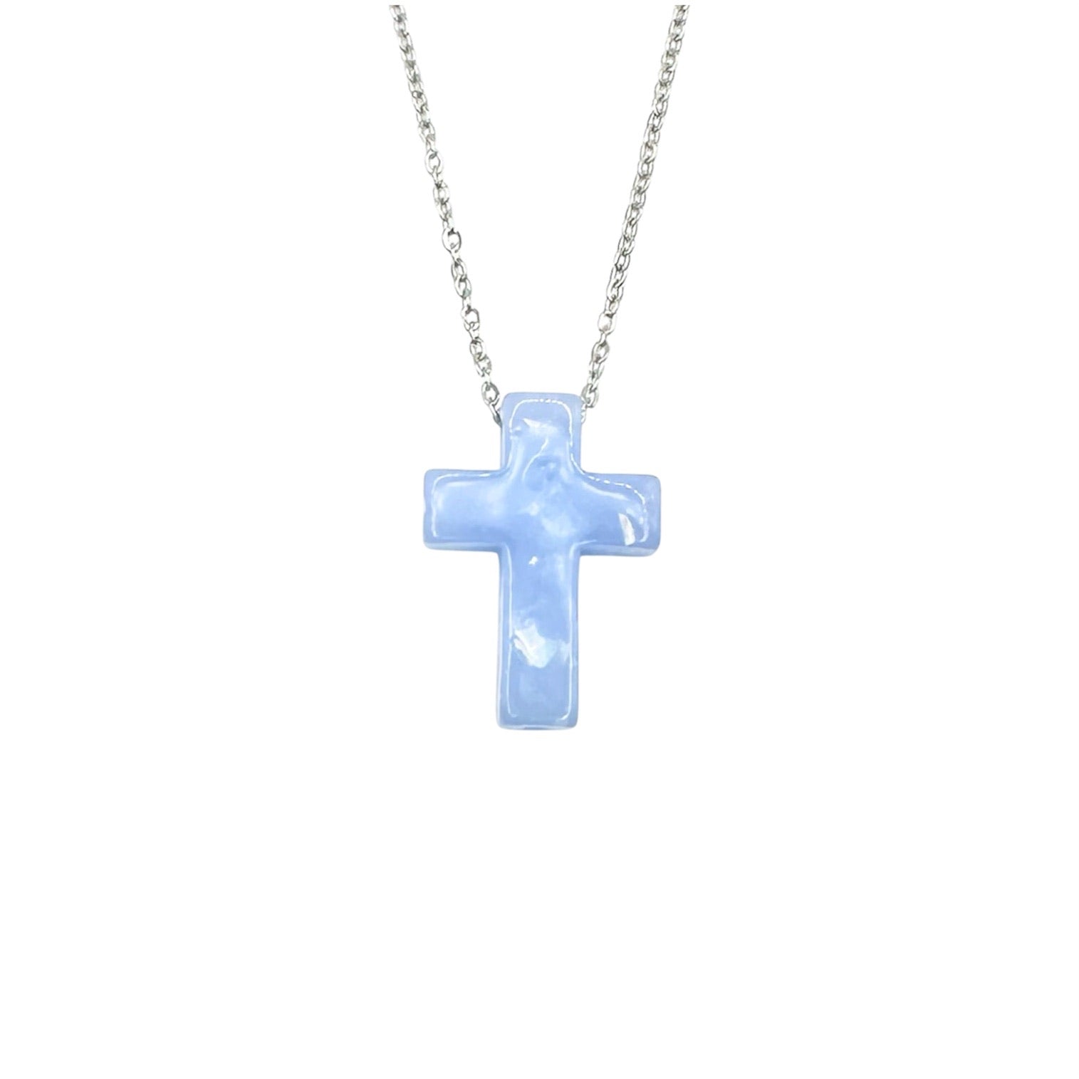 Wasserdichte Kreuz-Halskette mit blauem Acryl-Anhänger Silber
