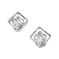 Waterproof Stud Earrings Silver Rhombus Fluted Edge Cushion-Cut Zirconia Floral Crown Bezel Setting Art Deco