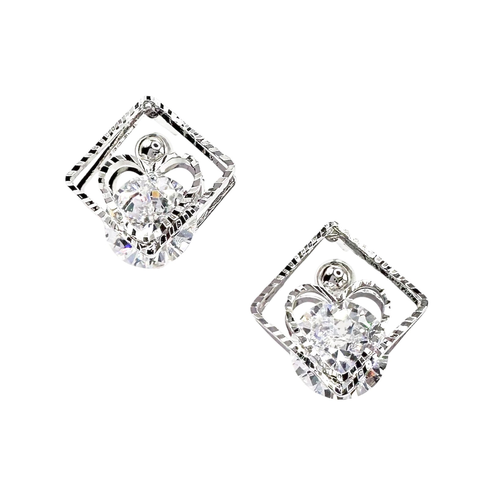 Waterproof Stud Earrings Silver Rhombus Fluted Edge Cushion-Cut Zirconia Floral Crown Bezel Setting Art Deco