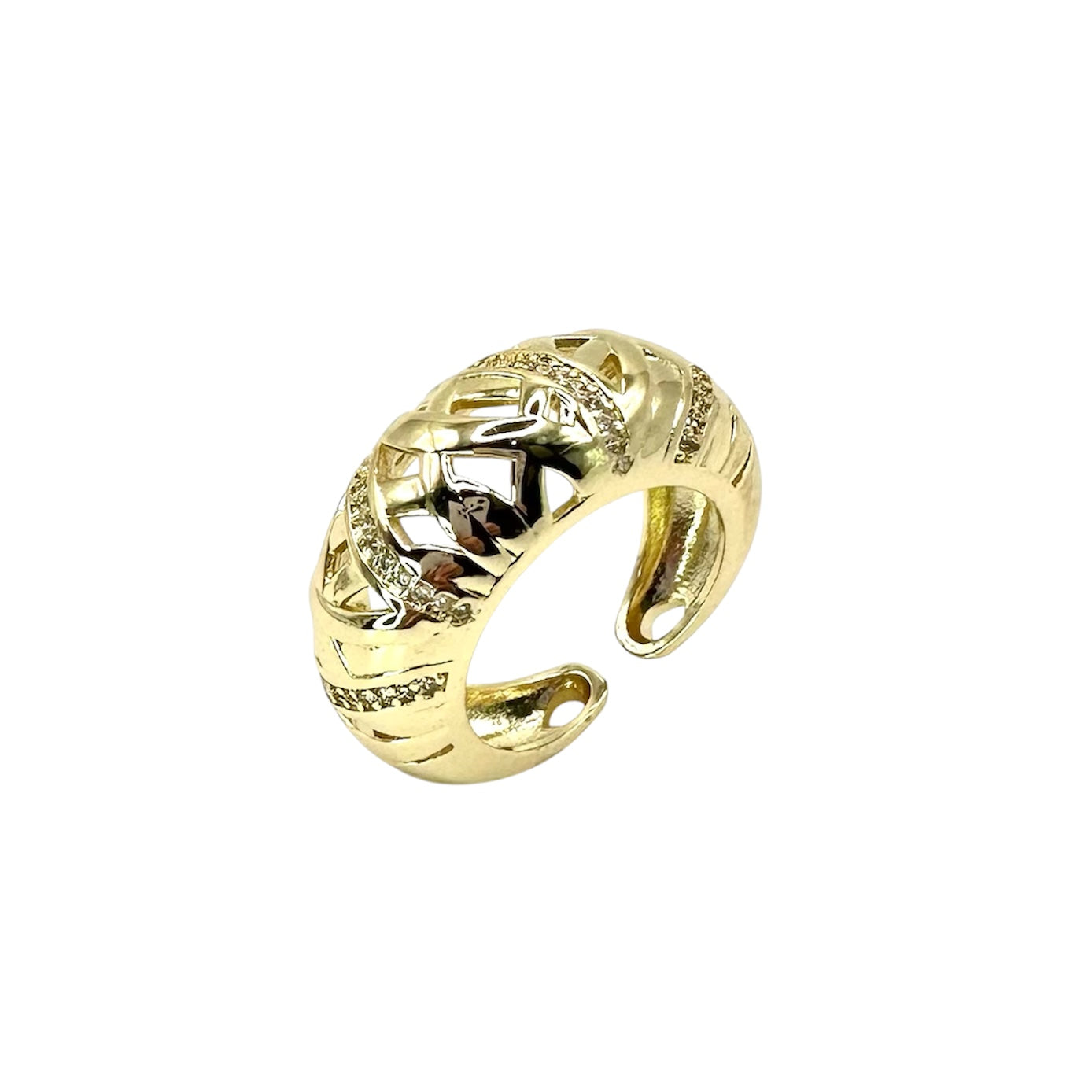 Wasserdichter offener Dome-Ring mit Gitter-Muster und Zirkonia Gold