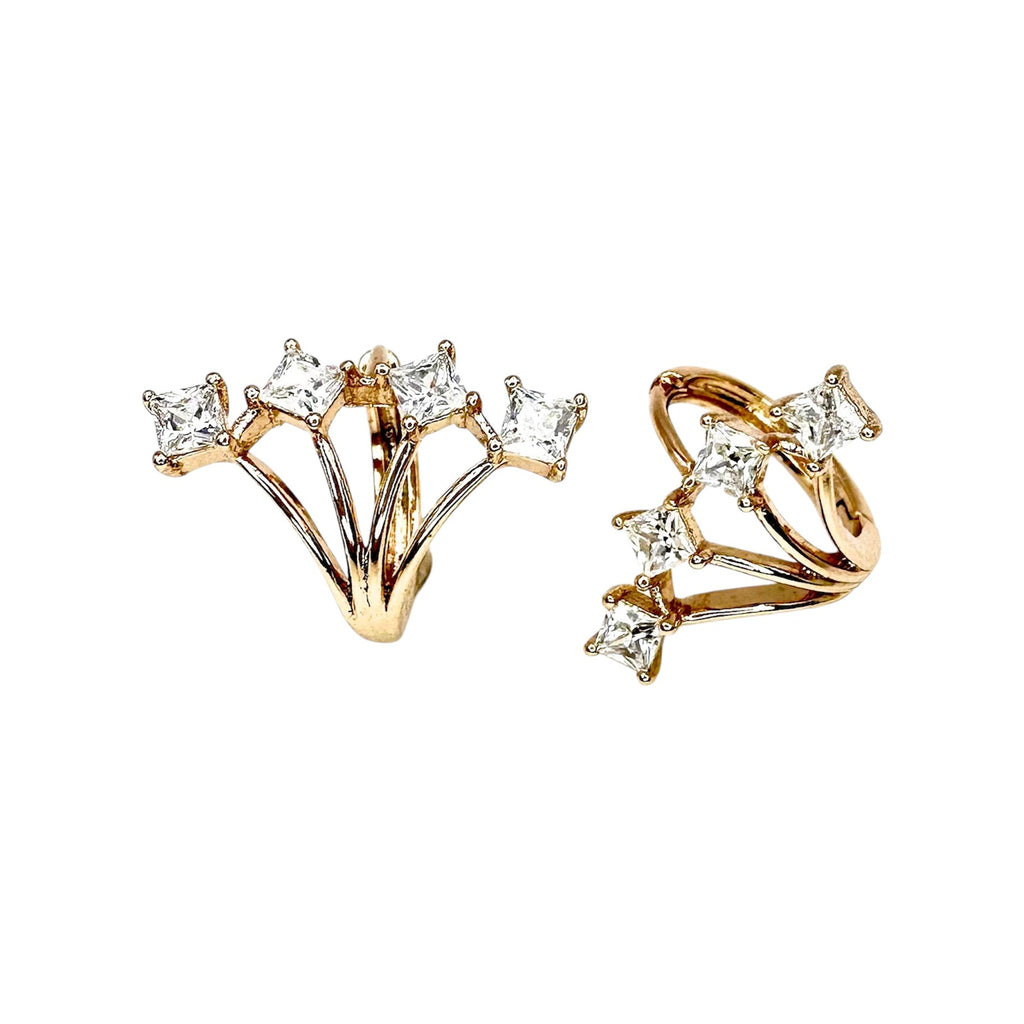 Waterproof Hoop Earrings Gold Color Firework Fan 4 Princess-Cut Zirconia