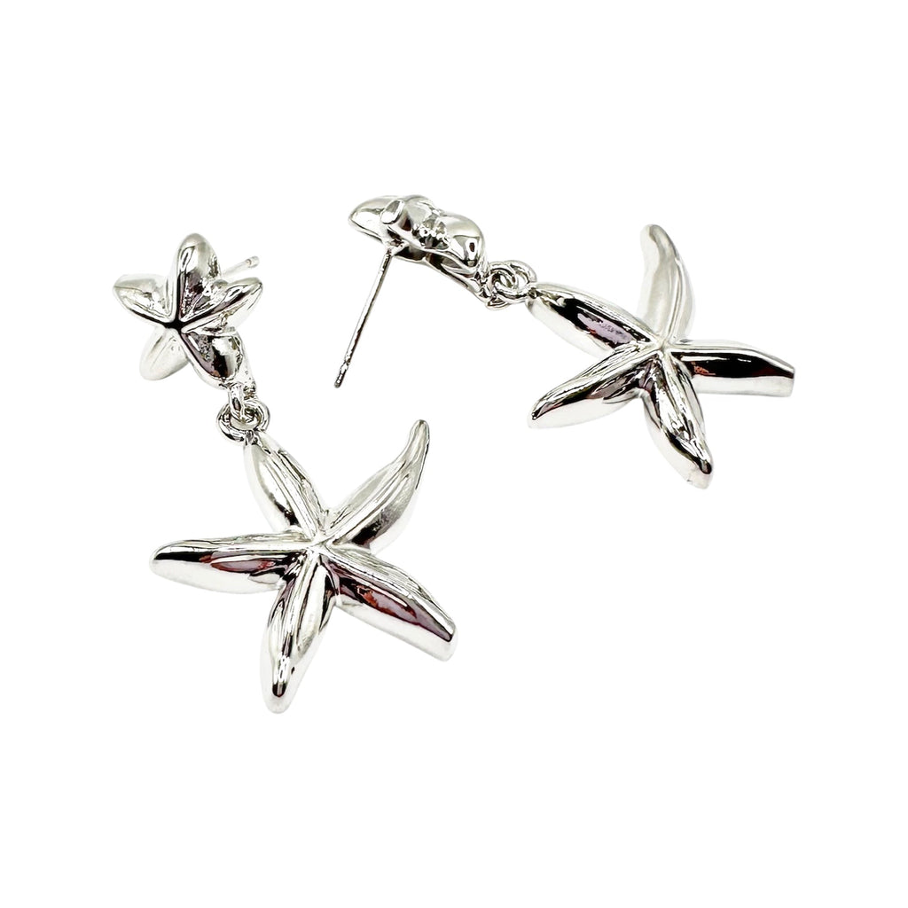 Waterproof Earrings Silver Double Starfish Stud Dangling Chain Highly Polished Coastal