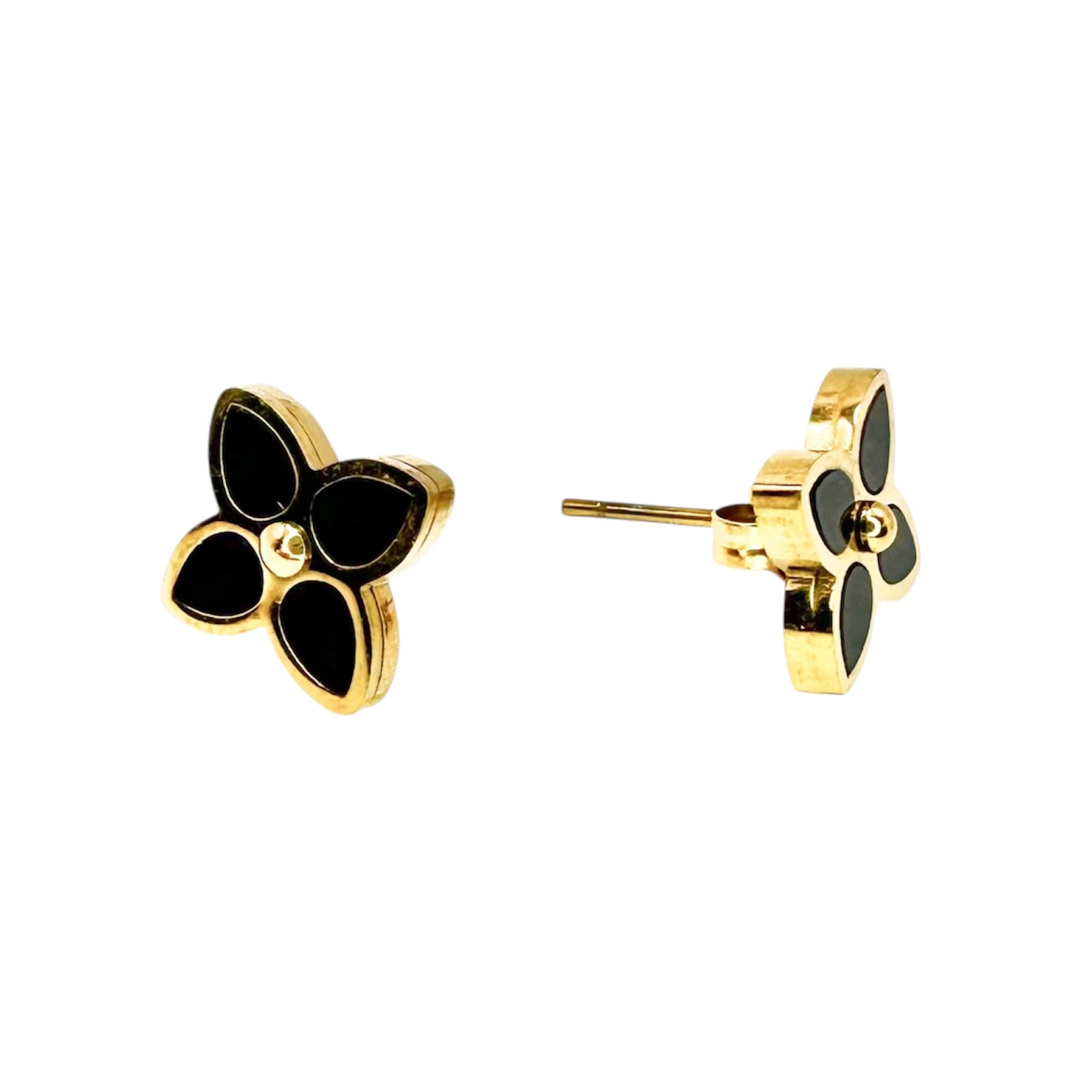 Wasserdichte Ohrstecker Gelbgold Dreiblatt Schwarze Onyx-Einlagen Goldener Mittelknopf