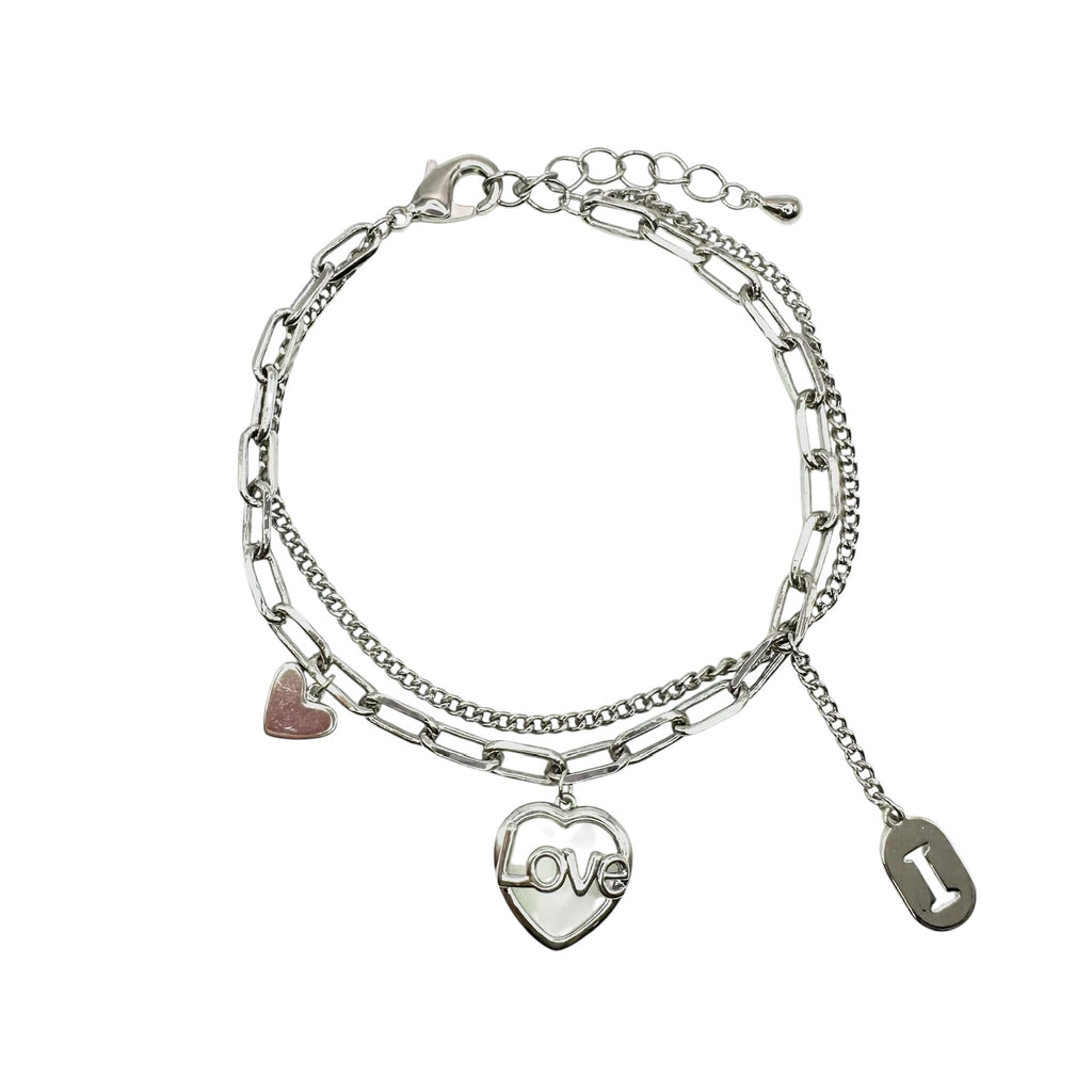 Wasserdichtes Doppelketten Charm Armband Love Herz Initiale Silber 16+3cm