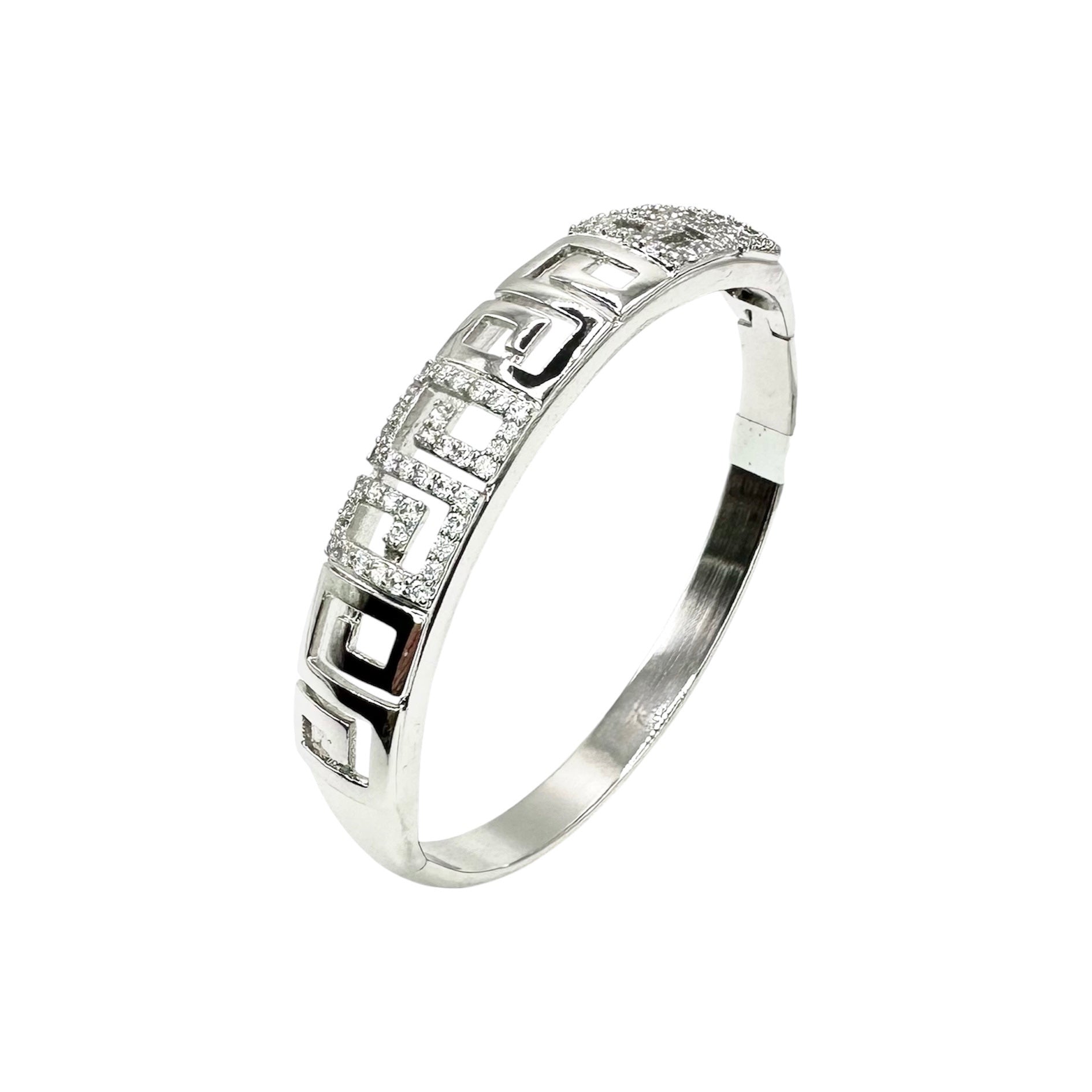 Wasserdichtes Greek Key Mäander Zirkonia Bangle Armreif Silber