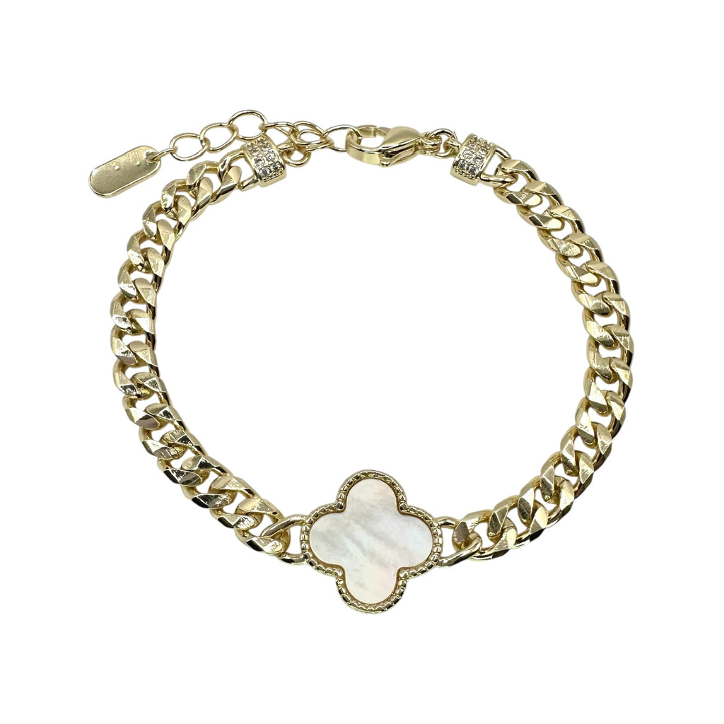 Wasserdichtes Perlmutt Kleeblatt-Armband, kubanische Kette, goldfarben