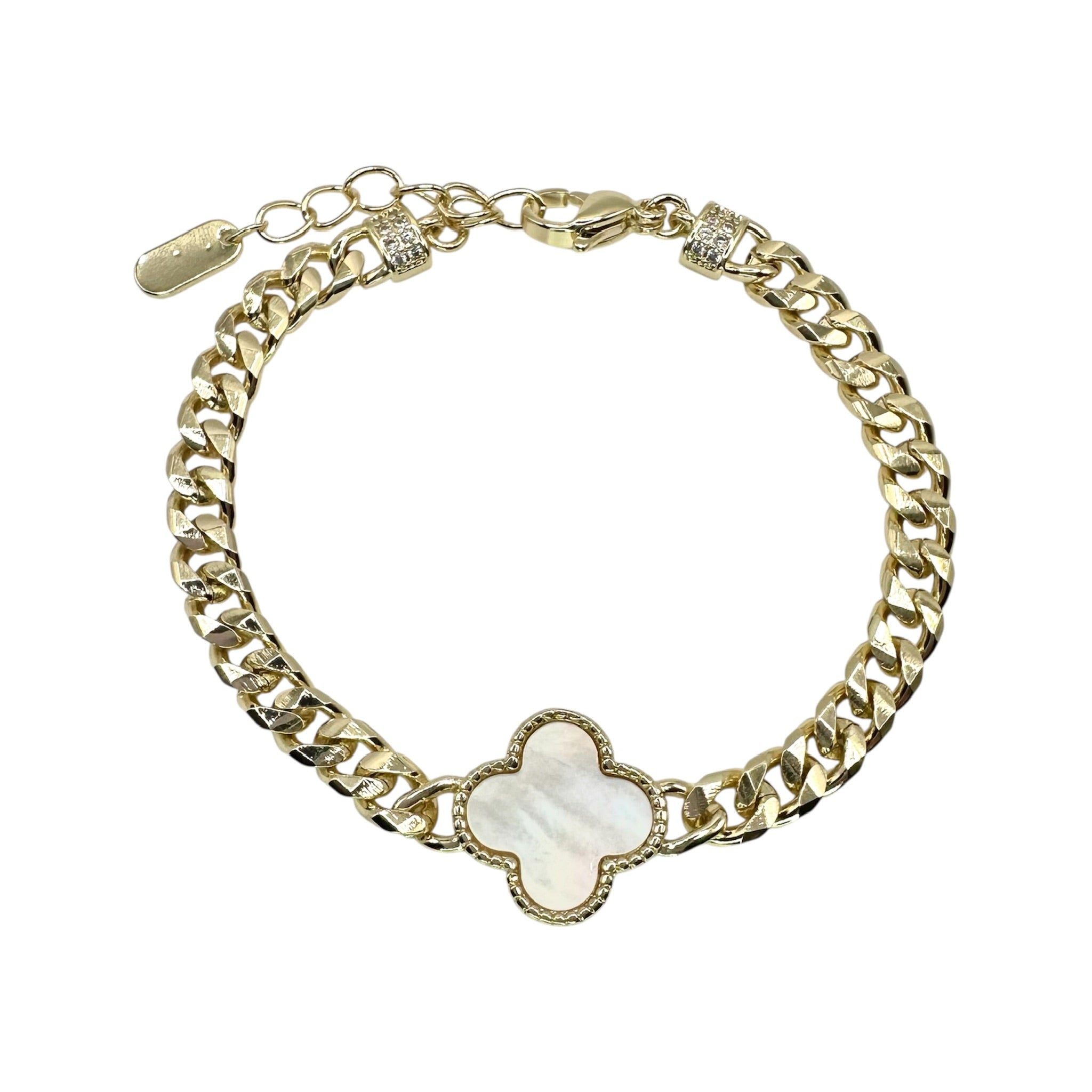 Wasserdichtes Perlmutt Kleeblatt-Armband, kubanische Kette, goldfarben