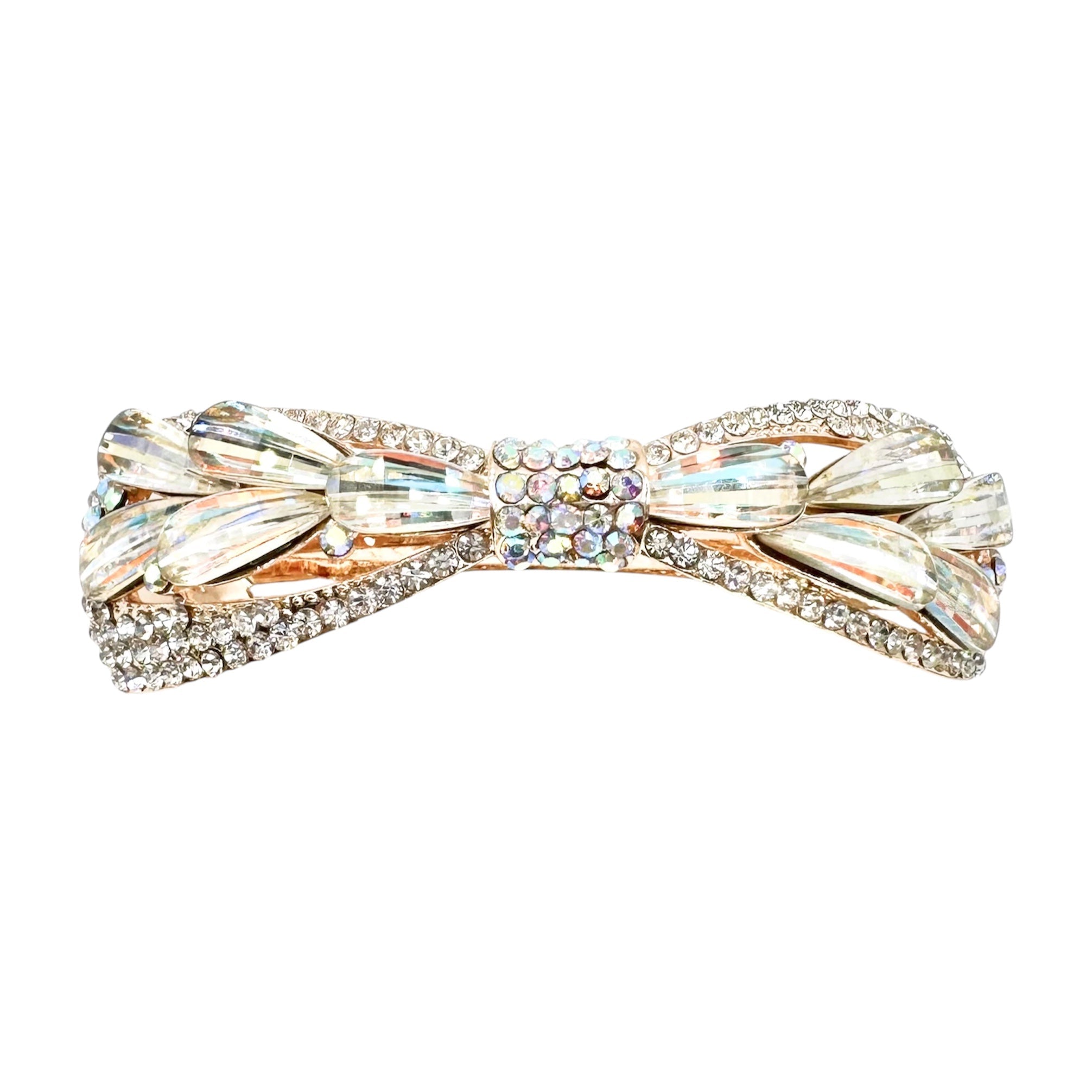 Automatikhaarspange Schleife Rosegold Aurora Borealis Navette Kristall Strass