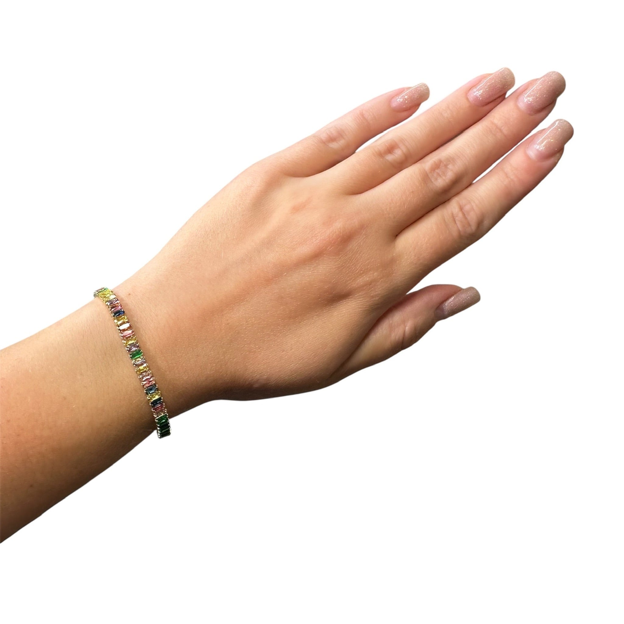 Wasserdichtes Buntes Zirkonia Tennis-Armband, Baguette, goldfarben