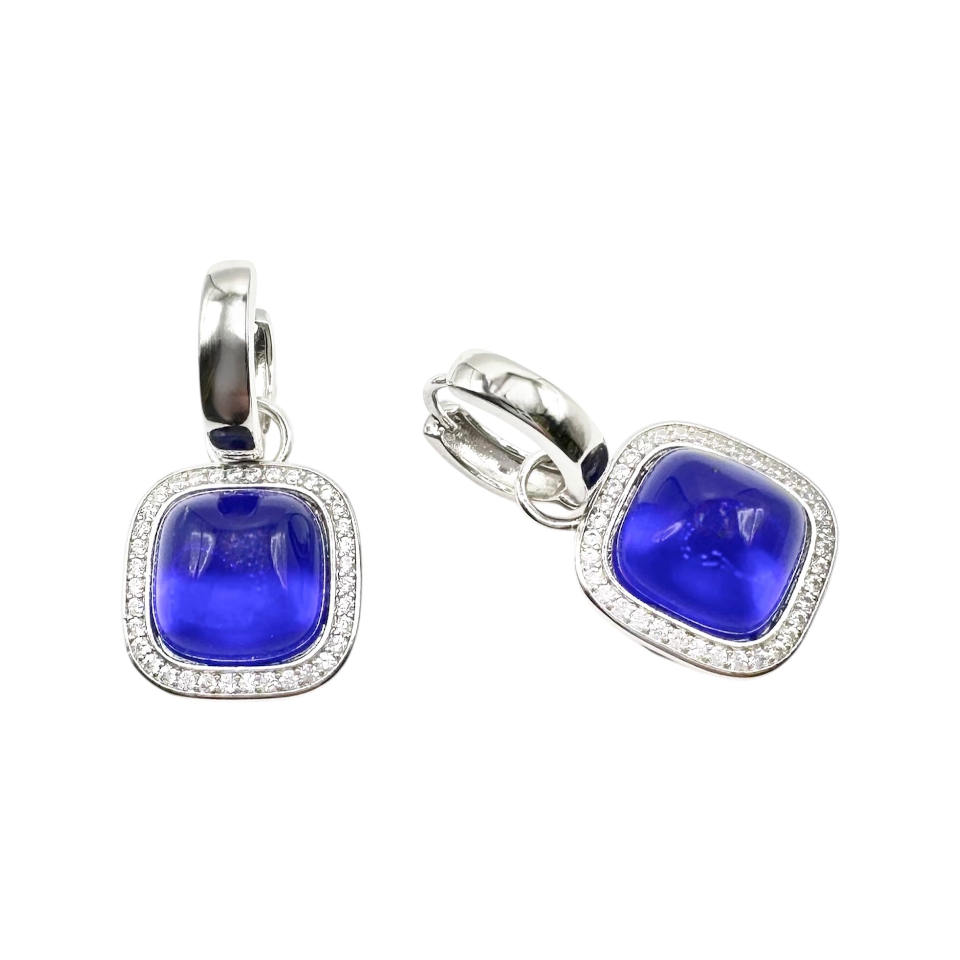 Waterproof Drop Earrings Silver Square Cabochon Sapphire Blue Crystal Crystal Pavé Halo Huggie Hoop Pomellato