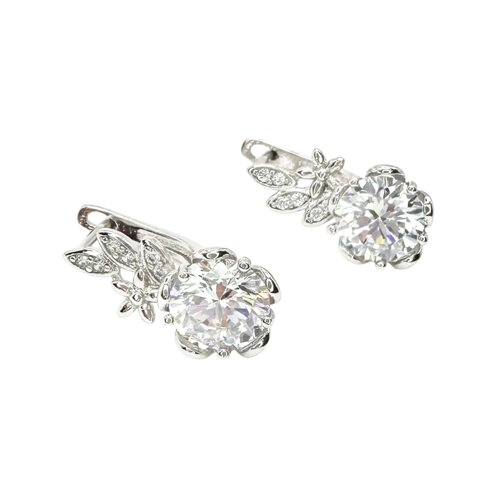Waterproof Earrings Silver Round Solitaire Zirconia 9mm 6-Prong Floral Setting Flower Leaf Top Crystal Pavé