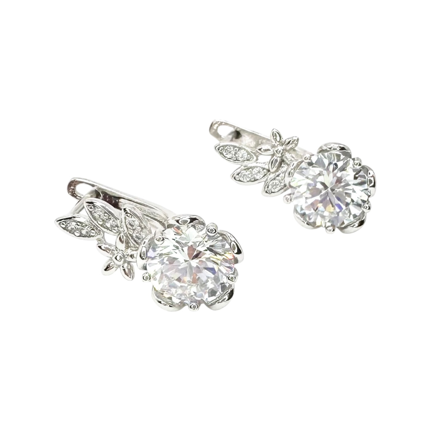 Waterproof Earrings Silver Round Solitaire Zirconia 9mm 6-Prong Floral Setting Flower Leaf Top Crystal Pavé