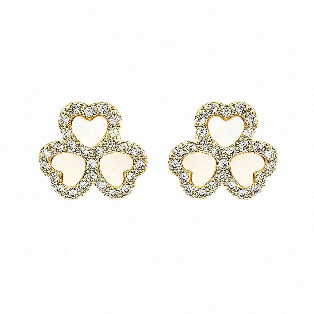 Wasserdichte Zirkonia Pavé Kleeblatt-Herzen Ohrstecker, goldfarben