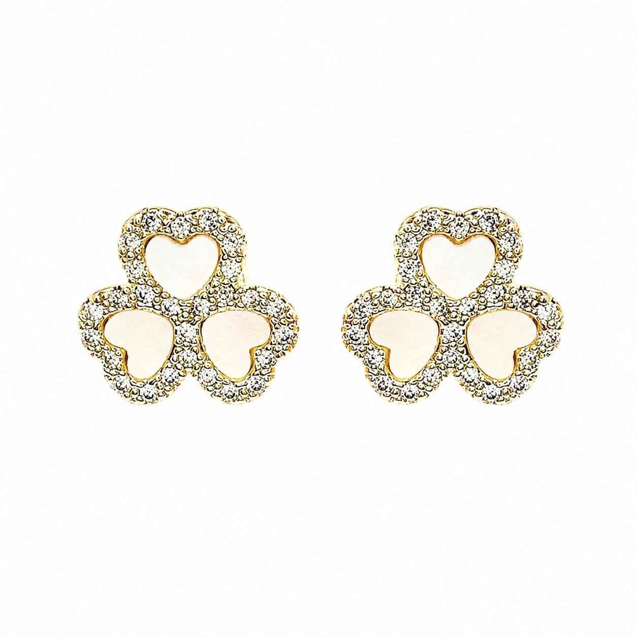 Wasserdichte Zirkonia Pavé Kleeblatt-Herzen Ohrstecker, goldfarben
