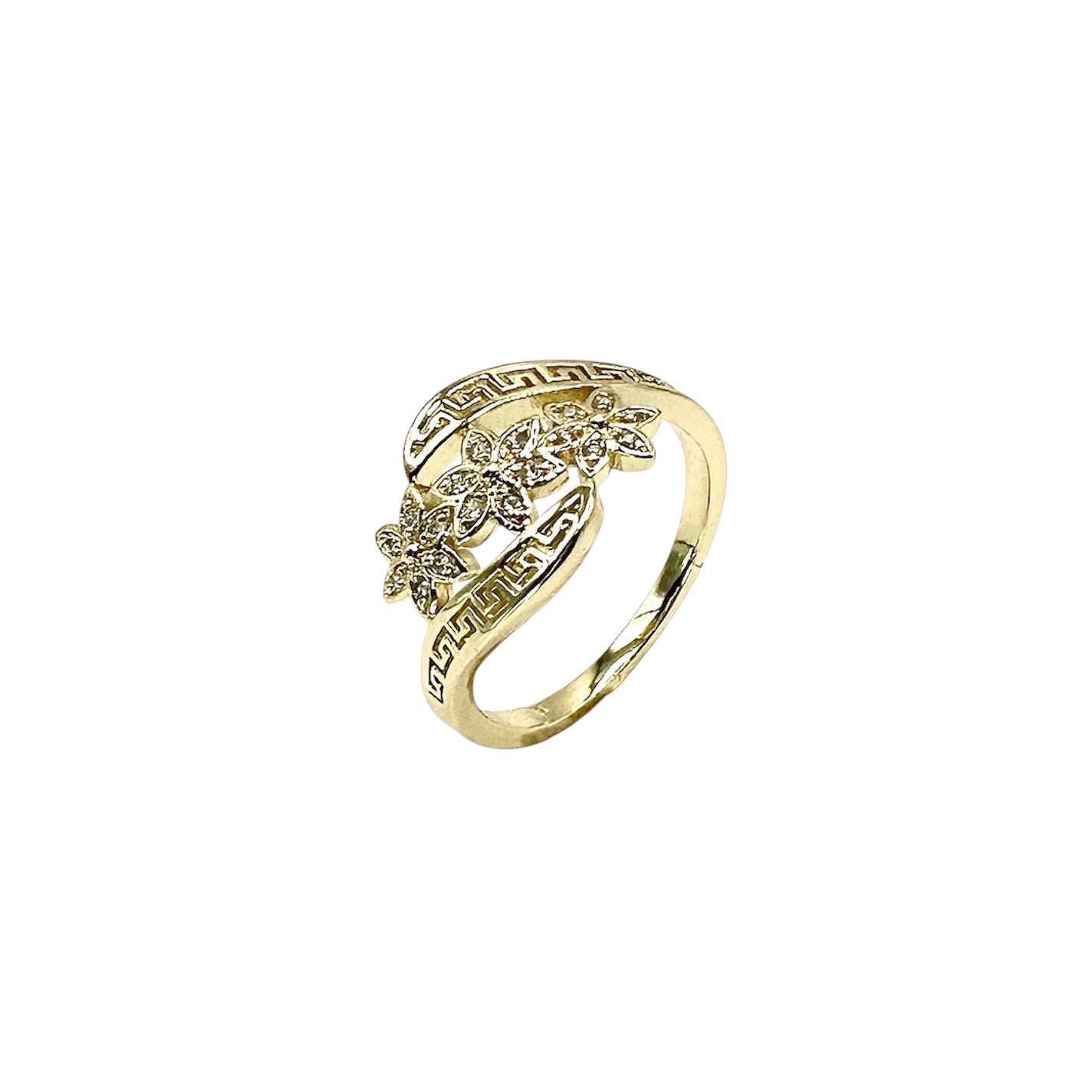 Wasserdichter Ring mit griechischem Mäander-Muster und Blumen-Zirkonia Gold