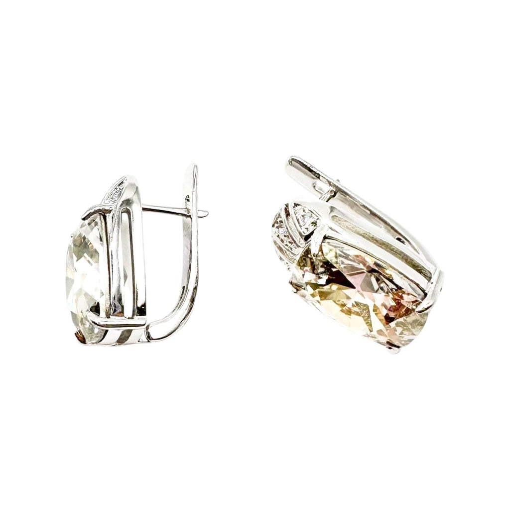 Waterproof Earrings Silver Cushion-Cut Champagne Zirconia 14x10mm 4-Claw Art Deco Fan Crystal Pave Cap