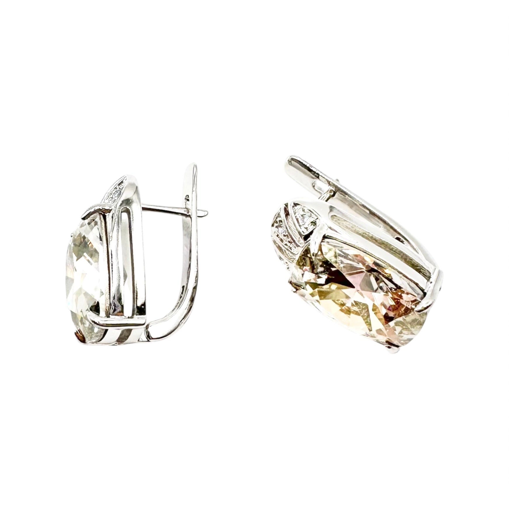 Waterproof Earrings Silver Cushion-Cut Champagne Zirconia 14x10mm 4-Claw Art Deco Fan Crystal Pave Cap